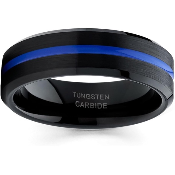Tungsten Carbide Black Blue Center Groove Beveled Edge Ring - Picture 3 of 10